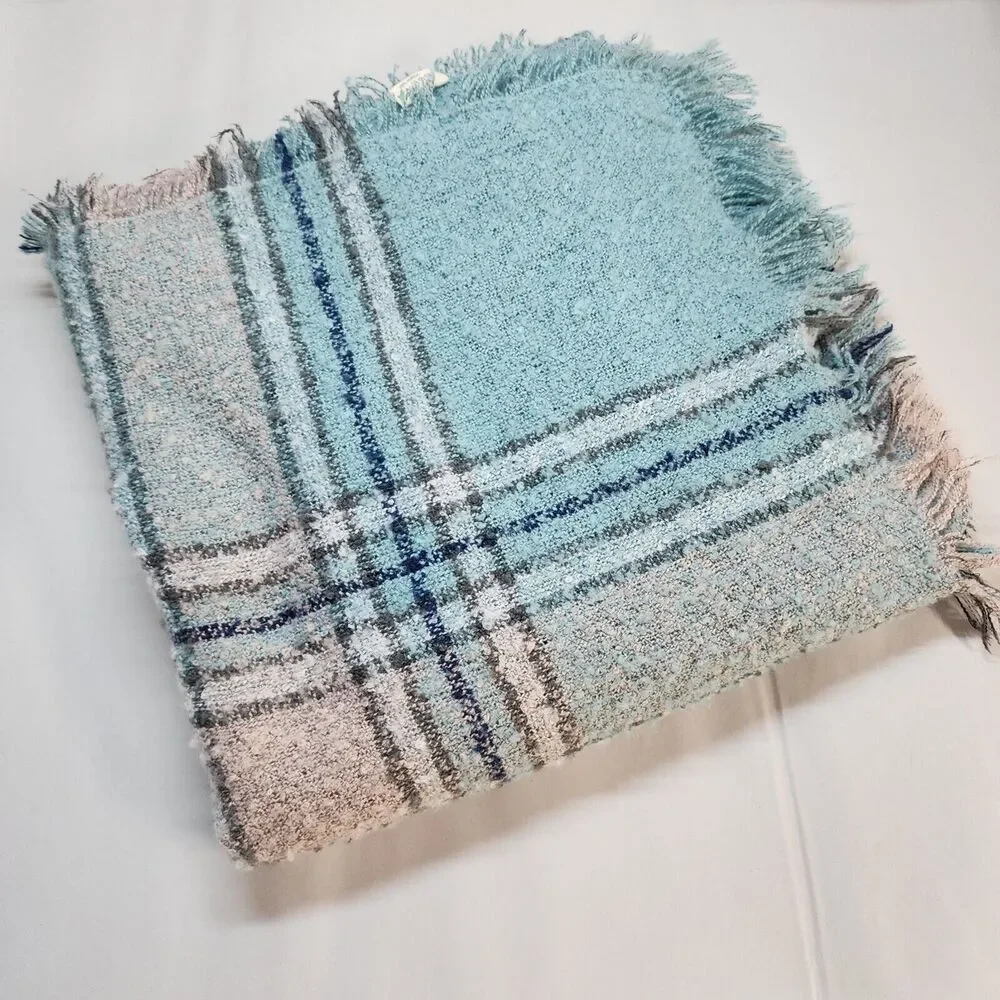 Simply Southern Chunky Knit Plaid Scarf Shawl Wrap Blue Pink Oversized 55x55